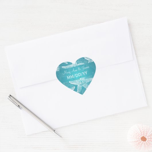 Strand trouwdatum zeester blauw hart sticker (Envelop)