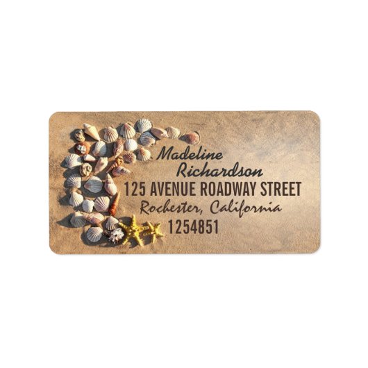 Strand trouwlabels met schelpen & zeesterren etiket (Voorkant)