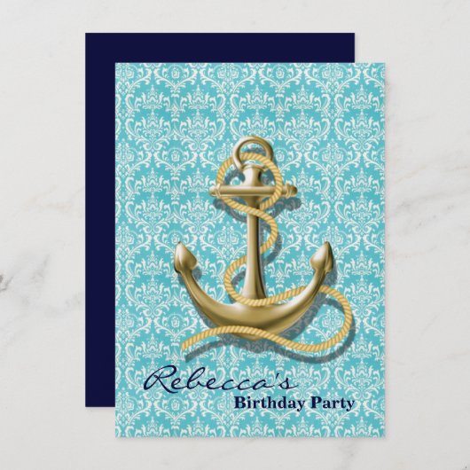 strand turquoise damask sailor nautical anchor kaart (Voorkant / Achterkant)