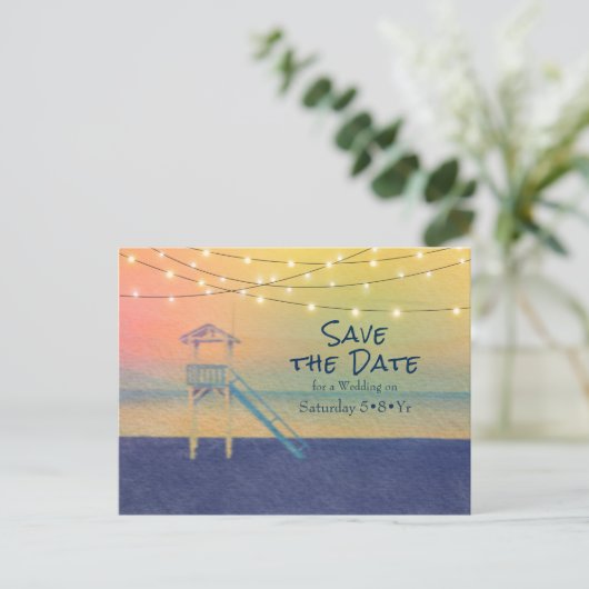 Strand Uitzicht Waterverf String Lights Foto Aankondigingskaart (Staand voorkant)