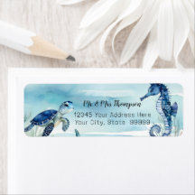 Strand Undersea Turtle Seahorse Waterverf in blauw