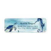 Strand Undersea Turtle Seahorse Waterverf in blauw Etiket (Voorkant)