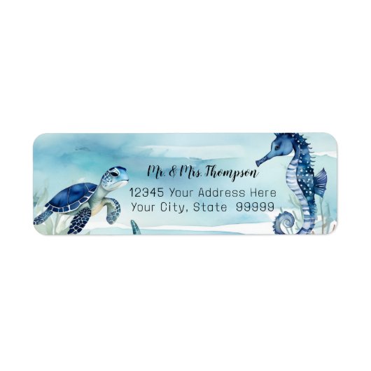 Strand Undersea Turtle Seahorse Waterverf in blauw Etiket (Voorkant)