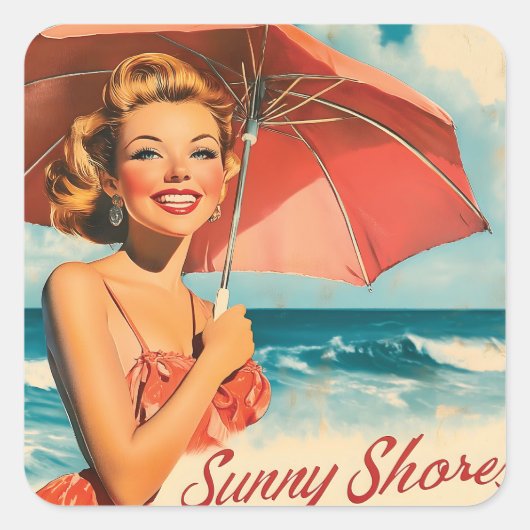 strand vakantie Poster: Blonde Pin-Up Vierkante Sticker (Voorkant)