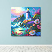 strand van mooie vuurtoren canvas afdruk (Insitu (Houten vloer))