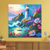 strand van mooie vuurtoren canvas afdruk (Insitu (Woonkamer))