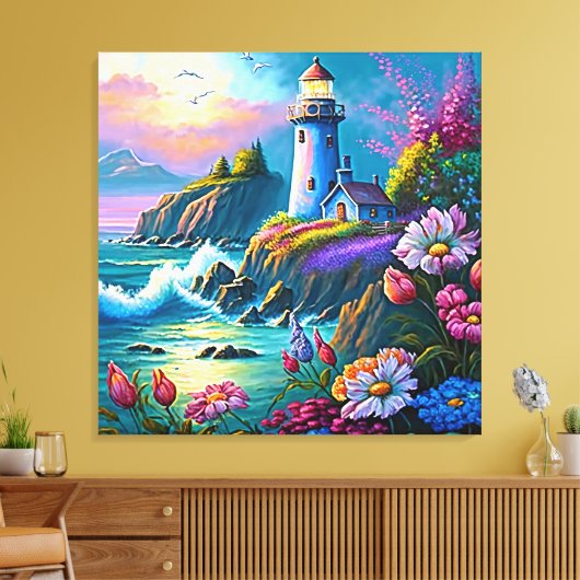 strand van mooie vuurtoren canvas afdruk (Insitu (Woonkamer))