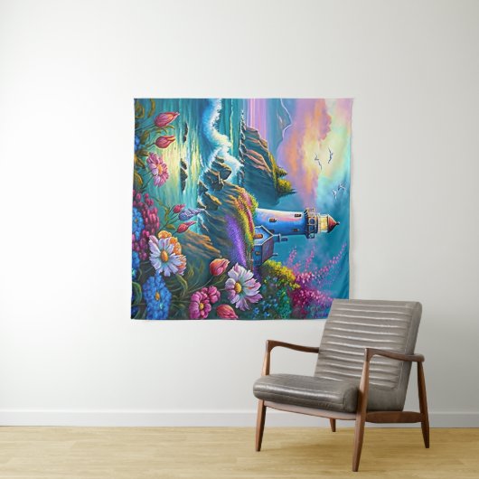 strand van mooie vuurtoren wandkleed (In Situ (horizontaal))