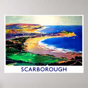 Strand van Scarborough, Engeland, vintage reis Poster