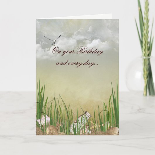 Strand verjaardag met zeemeeuw kaart (Voorkant)