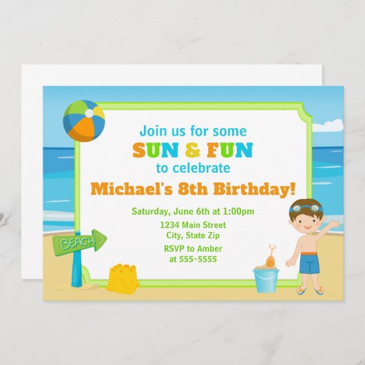 Strand Verjaardag Uitnodiging Strand Party Boy (Voorkant / Achterkant)