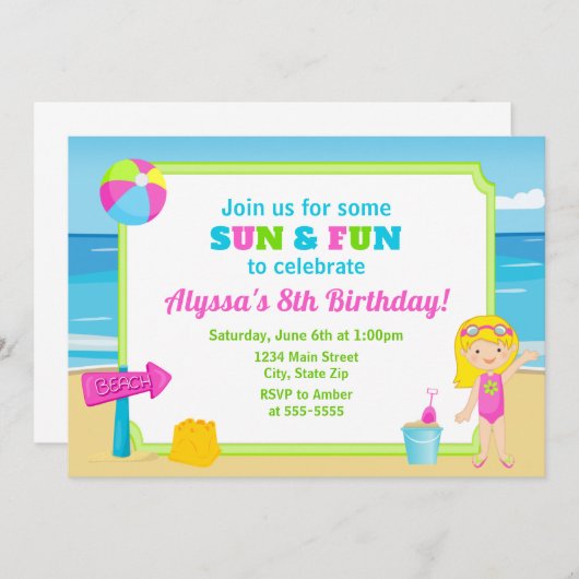 Strand Verjaardag Uitnodiging Strandfeest Meisje (Voorkant / Achterkant)