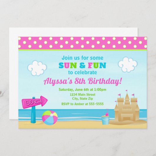 Strand Verjaardag Uitnodiging Strandfeest Meisje (Voorkant / Achterkant)