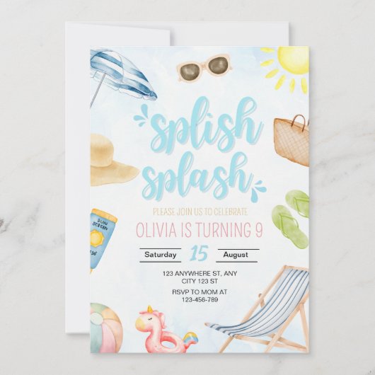Strand Verjaardag Uitnodiging, Zwemmen Verjaardag Kaart (Voorkant)
