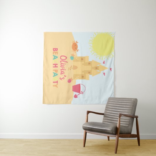 Strand Verjaardagsfeest zandkasteel Wandkleed (In Situ (horizontaal))