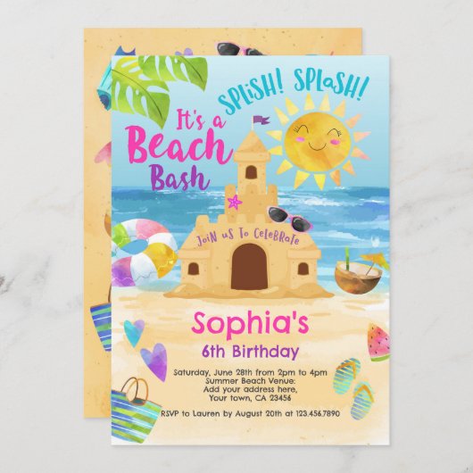 Strand verjaardagsfeestje kaart (Voorkant / Achterkant)