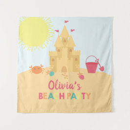 Strand verjaardagsfeestje zandkasteel wandkleed