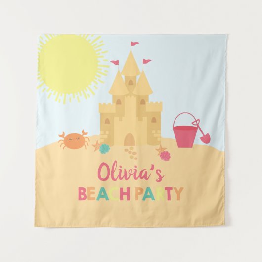 Strand verjaardagsfeestje zandkasteel wandkleed (Voorkant)
