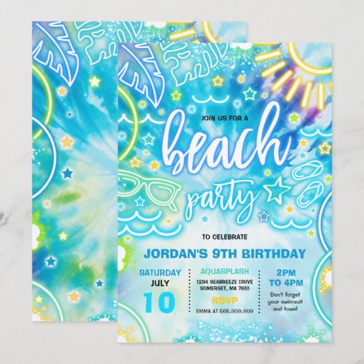 Strand Verjaardagsfeestje Zomer Strand Tie Dye Glo Kaart (Voorkant / Achterkant)