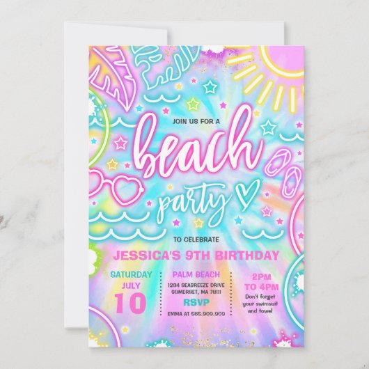 Strand Verjaardagsfeestje Zomer Strand Tie Dye Glo Kaart (Voorkant)