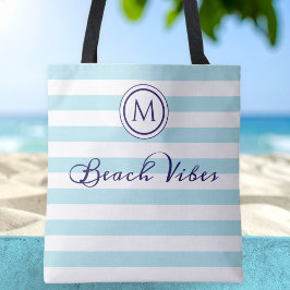 Strand Vibe Blau Witte Streep Kust Monogram Tote Bag