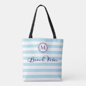 Strand Vibe Blauw Witte Streep Kust Monogram Tote Bag (Achterkant)