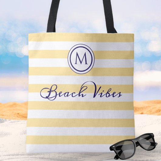 Strand Vibe Geel Witte Streep Kust Monogram Tote Bag