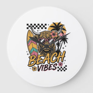 Strand Vibe Hoogland Koe Zomer Vector Kunst_1 Grote Klok