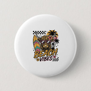Strand Vibe Hoogland Koe Zomer Vector Kunst_1 Ronde Button 5,7 Cm