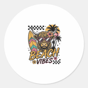 Strand Vibe Hoogland Koe Zomer Vector Kunst_1 Ronde Sticker