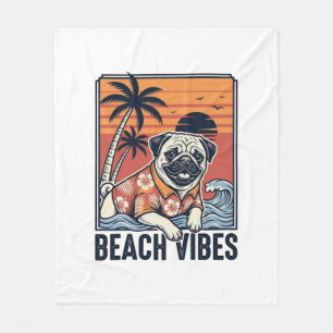 Strand Vibe Pug Vintage Gravure Ontwerp_1 Fleece Deken