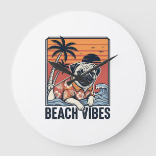 Strand Vibe Pug Vintage Gravure Ontwerp_1 Grote Klok