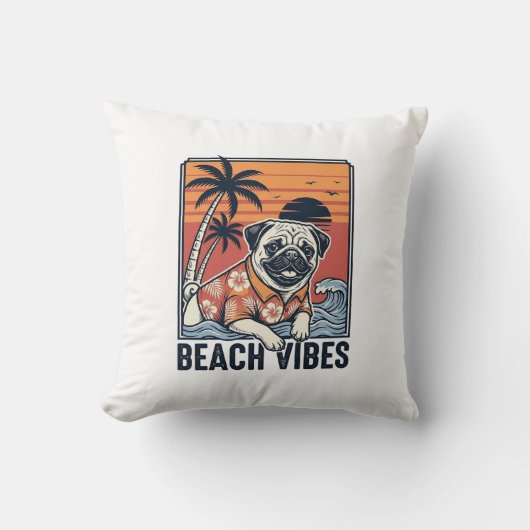 Strand Vibe Pug Vintage Gravure Ontwerp_1 Kussen (Voorkant)