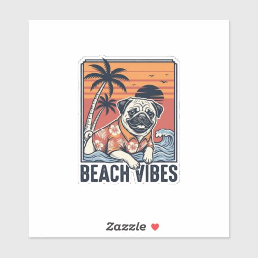 Strand Vibe Pug Vintage Gravure Ontwerp_1 Sticker (Vel)