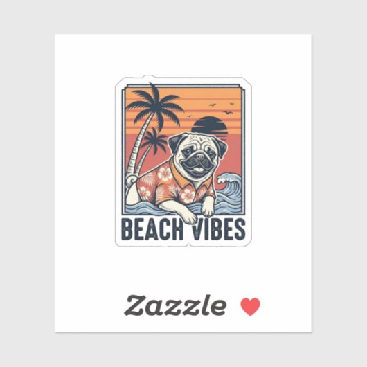 Strand Vibe Pug Vintage Gravure Ontwerp_1 Sticker (Vel)