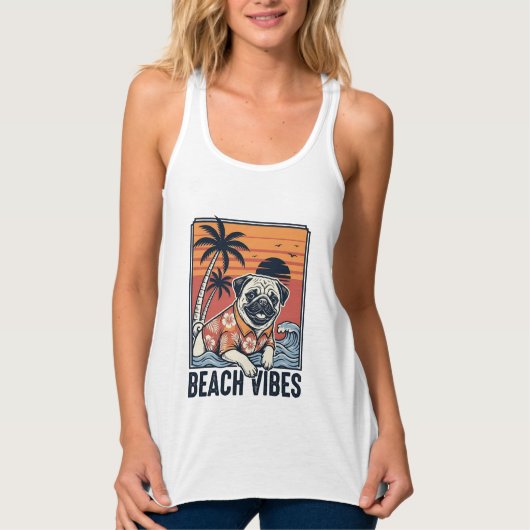 Strand Vibe Pug Vintage Gravure Ontwerp_1 Tanktop (Voorkant)