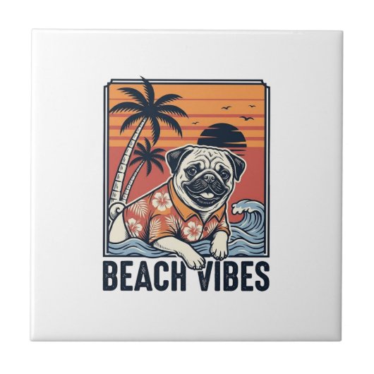 Strand Vibe Pug Vintage Gravure Ontwerp_1 Tegeltje (Voorkant)