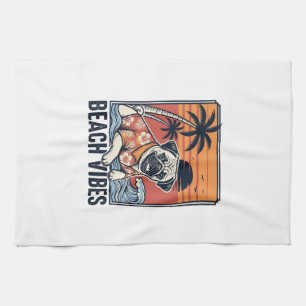 Strand Vibe Pug Vintage Gravure Ontwerp_1 Theedoek