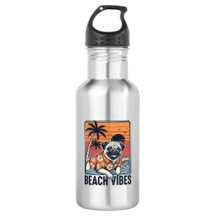 Strand Vibe Pug Vintage Gravure Ontwerp_1 Waterfles