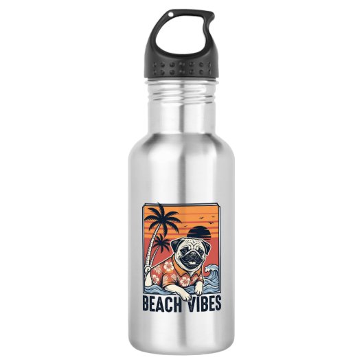 Strand Vibe Pug Vintage Gravure Ontwerp_1 Waterfles (Voorkant)