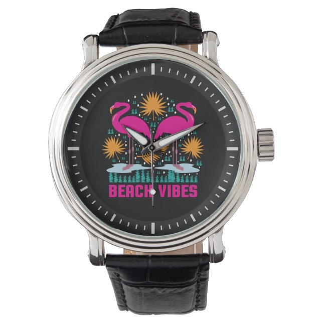 Strand Vibe Roze Flamingo Ontwerp Horloge (Voorkant)