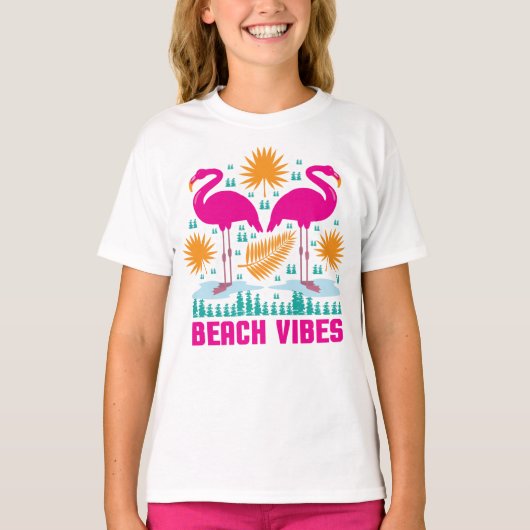 Strand Vibe Roze Flamingo Ontwerp T-shirt (Voorkant)
