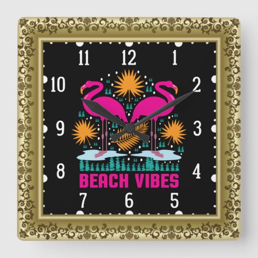 Strand Vibe Roze Flamingo Ontwerp Vierkante Klok (Voorkant)