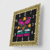 Strand Vibe Roze Flamingo Ontwerp Vierkante Klok (Hoek)