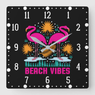 Strand Vibe Roze Flamingo's Design Vierkante Klok