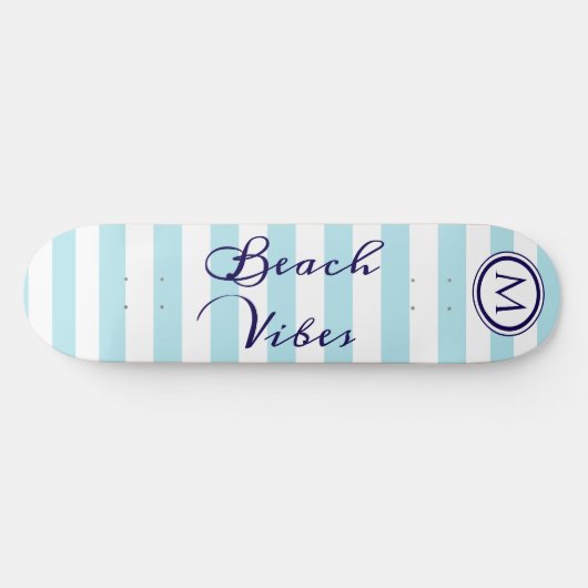 Strand Vibes Blauw Wit Gestreept Cool Monogram Persoonlijk Skateboard (Horizontaal)