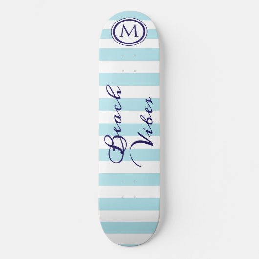 Strand Vibes Blauw Wit Gestreept Cool Monogram Persoonlijk Skateboard (Voorkant)