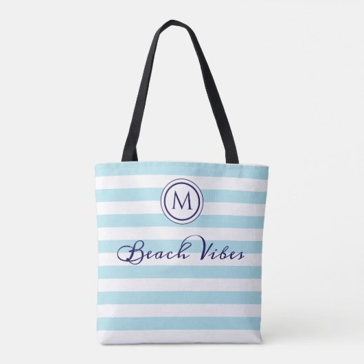 Strand Vibes Blauw Wit Streep Kust Monogram Tote Bag (Achterkant)