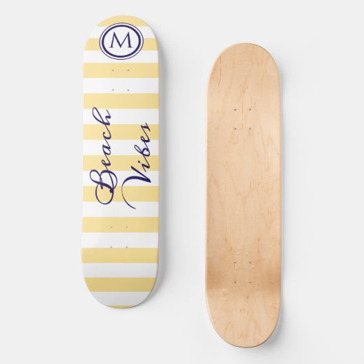 Strand Vibes Geel Wit Gestreept Cool Monogram Persoonlijk Skateboard (Voorkant)