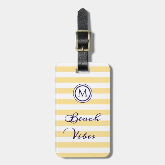 Strand Vibes Gestreepte Geel Wit Monogram Bagagelabel (Voorkant verticaal)
